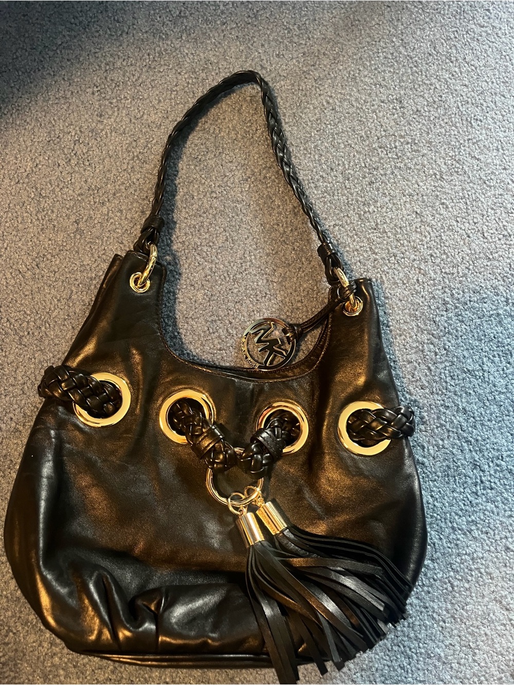 Michael Kors Black Braided Leather Shoulder Bag with Tassel and Gold Hardware